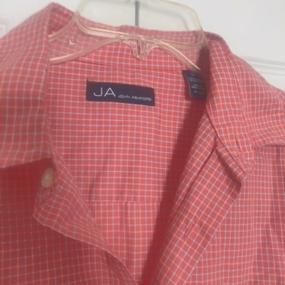 John Ashford Salmon Color Short Sleeve Checkered Shirt Size Medium